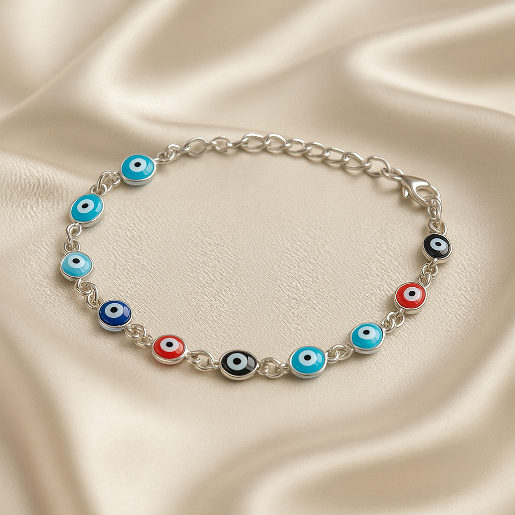 🔮 Colorful Evil Eye Bracelet – Silver Chain